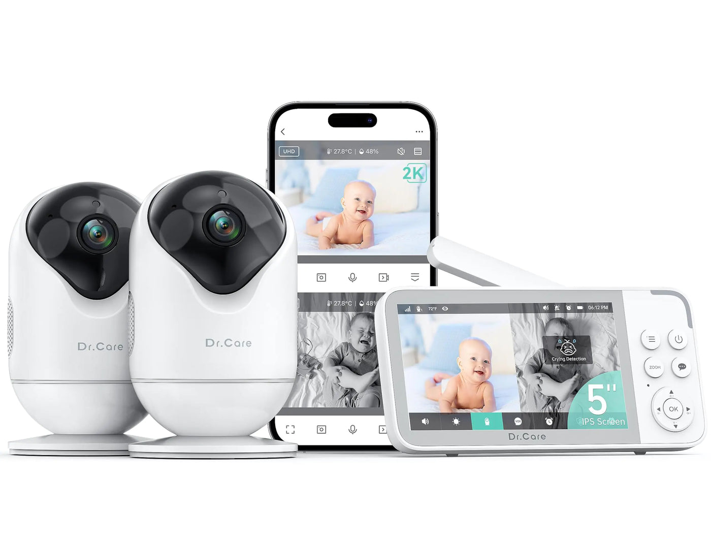 Dr.Care VistaView Smart WiFi Baby Monitor with 2 Cameras- 5” 1080P Split Screen & 2K Camera App Control Cry & Motion Alerts Night Vision 5000mAh Battery 2-Way Talk Triple Security 1279ft Range